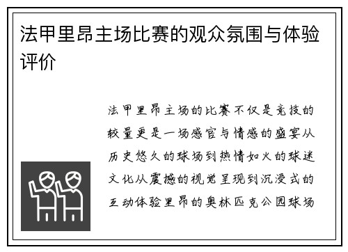 法甲里昂主场比赛的观众氛围与体验评价