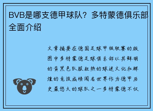 BVB是哪支德甲球队？多特蒙德俱乐部全面介绍